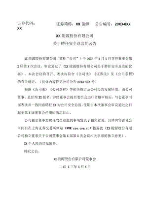 XX能源股份有限公司关于聘任安全总监的公告.docx