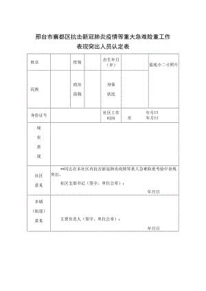 邢台市襄都区抗击新冠肺炎疫情等重大急难险重工作表现突出人员认定表.docx