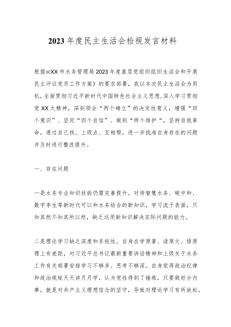 2023年度民主生活会检视 发言材料.docx_第1页