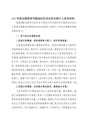 2023年度主题教育专题 组织生活会党支部个人发言材料.docx