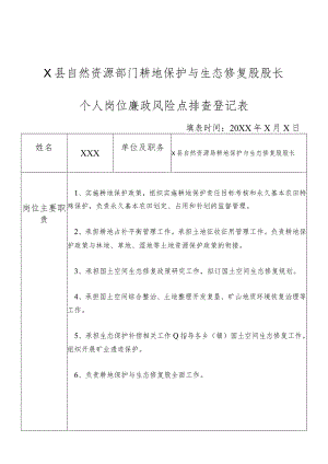 某县自然资源部门耕地保护与生态修复股股长个人岗位廉政风险点排查登记表.docx