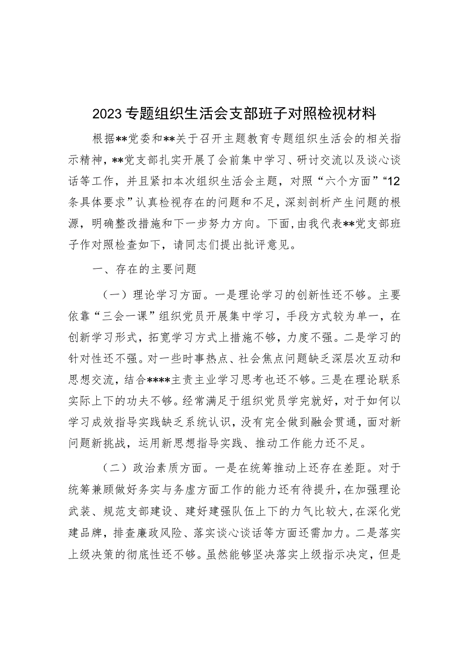 2023专题组织生活会支部班子对照检视材料.docx_第1页