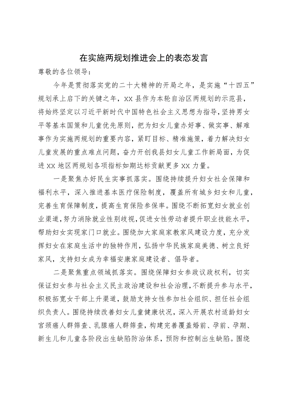 在实施两规划推进会上的表态发言.docx_第1页