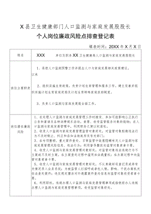 X县卫生健康部门人口监测与家庭发展股股长个人岗位廉政风险点排查登记表.docx