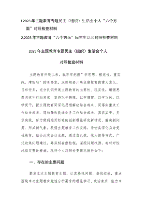 两篇：2023年主题教育专题民主（组织）生活会个人“六个方面”对照检查材料范文.docx