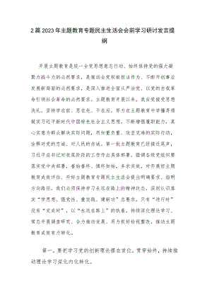2篇2023年主题教育专题民主生活会会前学习研讨发言提纲.docx