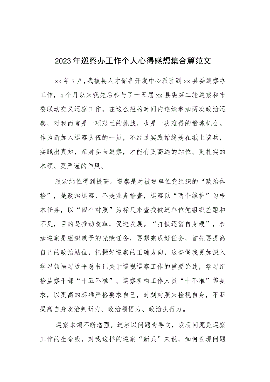 2023年巡察办工作个人心得感想集合篇范文.docx_第1页