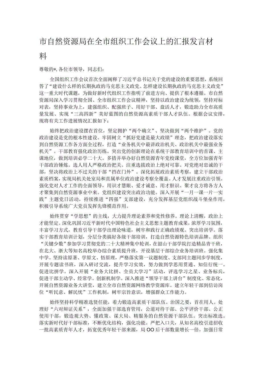 市自然资源局在全市组织工作会议上的汇报发言材料.docx_第1页