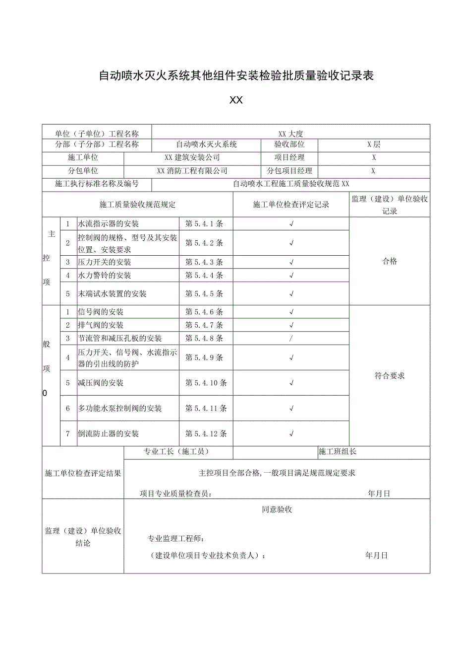 XX公司XX工程自动喷水灭火系统其他组件安装检验批质量验收记录表（2023年）.docx_第1页