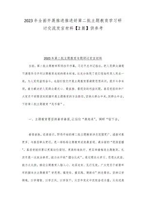 2023年全面开展推进推进好第二批主题教育学习研讨交流发言材料【2篇】供参考.docx