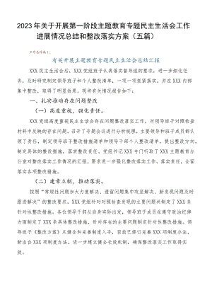 2023年关于开展第一阶段主题教育专题民主生活会工作进展情况总结和整改落实方案（五篇）.docx