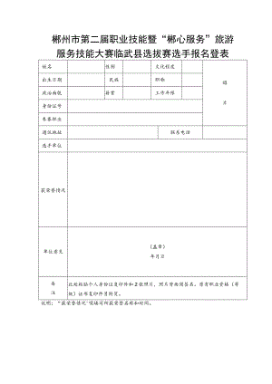 郴州市第二届职业技能暨“郴心服务”旅游服务技能大赛临武县选拔赛选手报名登表.docx