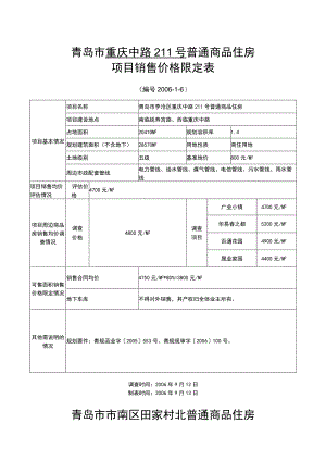 青岛市重庆中路211号普通商品住房项目销售价格限定表.docx