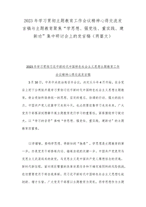 2023年学习贯彻主题教育工作会议精神心得交流发言稿与主题教育聚焦“学思想、强党性、重实践、建新功”集中研讨会上的发言稿（两篇文）.docx