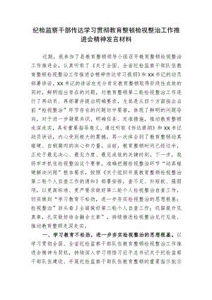 2023年纪检监察干部传达学习贯彻教育整顿检视整治工作推进会精神研讨发言心得体会材料.docx