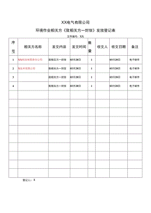 XX电气有限公司环境作业相关方《致相关方一封信》发放登记表（2023年）.docx