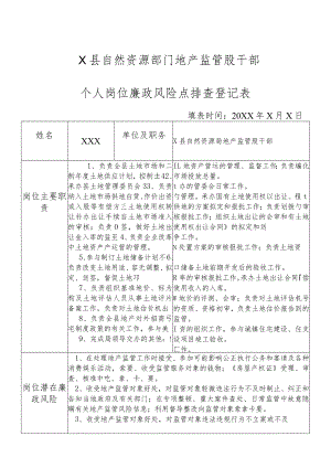 某县自然资源部门地产监管股干部个人岗位廉政风险点排查登记表.docx