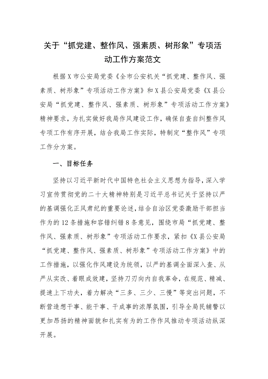 关于“抓党建、整作风、强素质、树形象”专项活动工作方案范文.docx_第1页