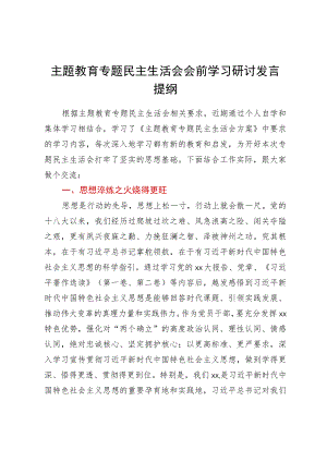 主题教育专题民主生活会会前学习研讨发言提纲范文.docx