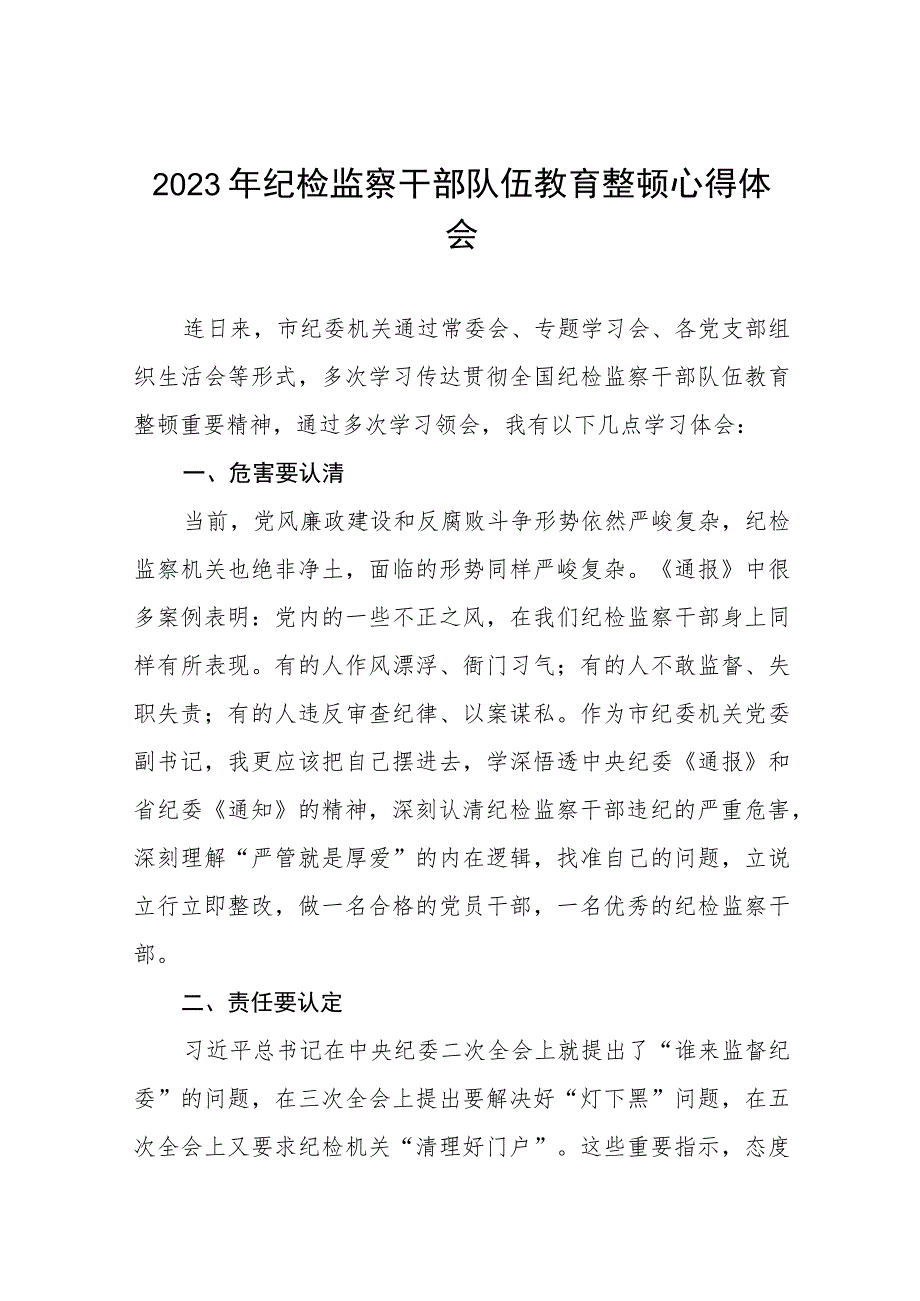 2023纪检监察干部队伍教育整顿心得体会发言稿(5篇).docx_第1页