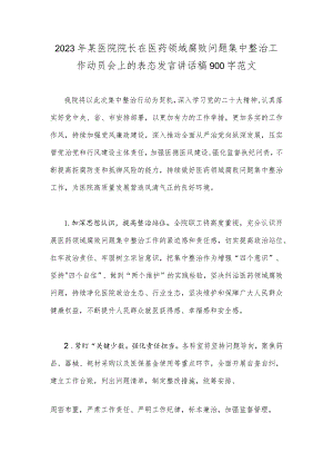 2023年某医院院长在医药领域腐败问题集中整治工作动员会上的表态发言讲话稿900字范文.docx