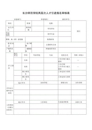 长沙师范学院高层次人才引进报名审核表引进部门申请岗位报名序号.docx