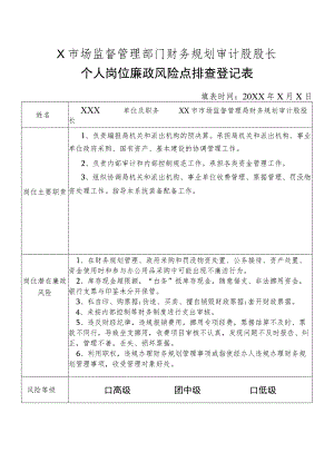 X县市场监督管理部门财务规划审计股股长个人岗位廉政风险点排查登记表.docx