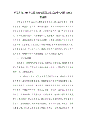 学习贯彻2023年主题教育专题民主生活会个人对照检查发言提纲.docx