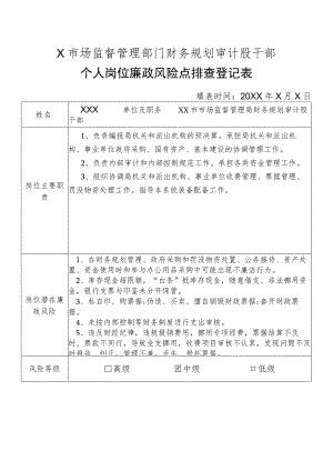 X县市场监督管理部门财务规划审计股干部个人岗位廉政风险点排查登记表.docx