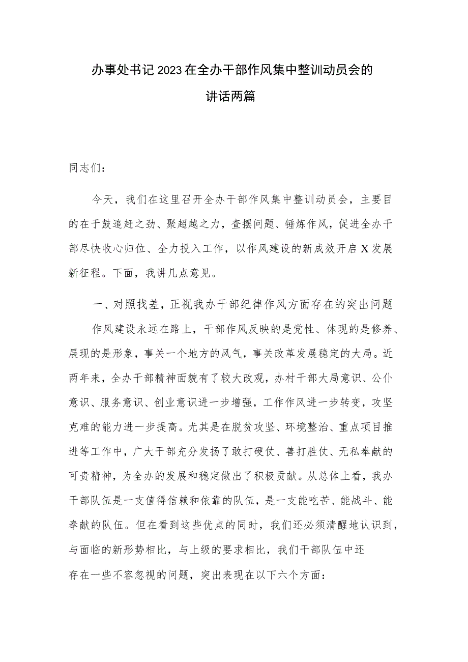 办事处书记2023在全办干部作风集中整训动员会的讲话两篇.docx_第1页