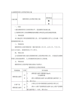 企业销售管理人员季度考核方案.docx