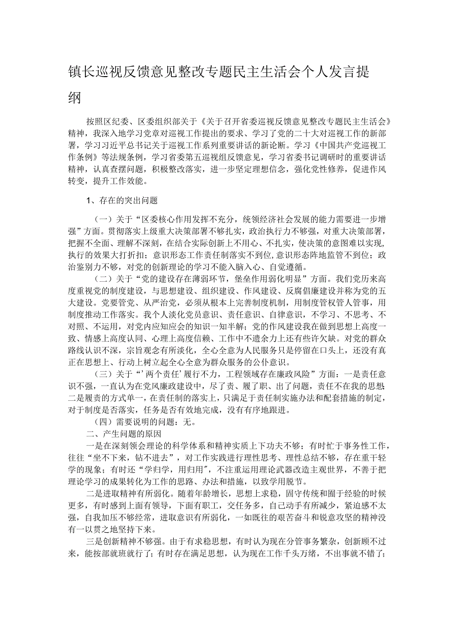 镇长巡视反馈意见整改专题民主生活会个人发言提纲.docx_第1页