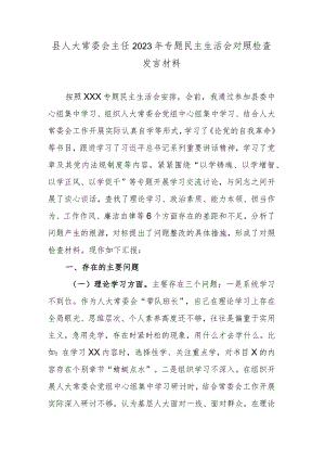 县人大常委会主任2023年专题民主生活会对照检查发言材料.docx