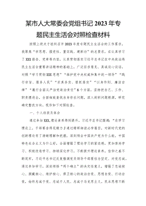 某市人大常委会党组书记2023年专题民主生活会对照检查材料.docx