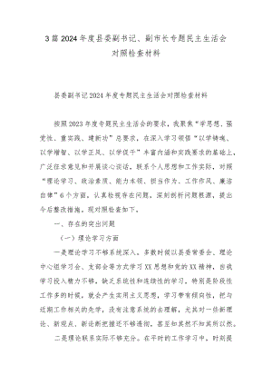 3篇2024年度县委副书记、副市长专题民主生活会对照检查材料.docx