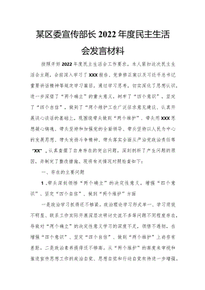 某区委宣传部长2022年度民主生活会发言材料.docx