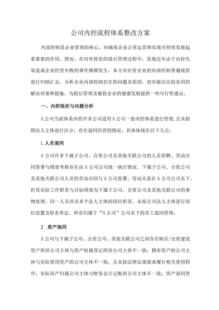 公司内控流程体系整改方案.docx_第1页