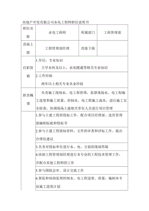 房地产开发有限公司水电工程师职位说明书.docx