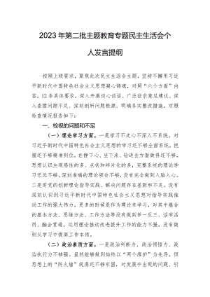 2023年第二批主题教育专题民主生活会个人发言提纲.docx