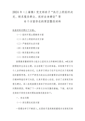 2024年（三篇稿）党支部班子“执行上级组织决定、联系服务群众、抓好自身建设”等6个方面存在的原因整改材料.docx