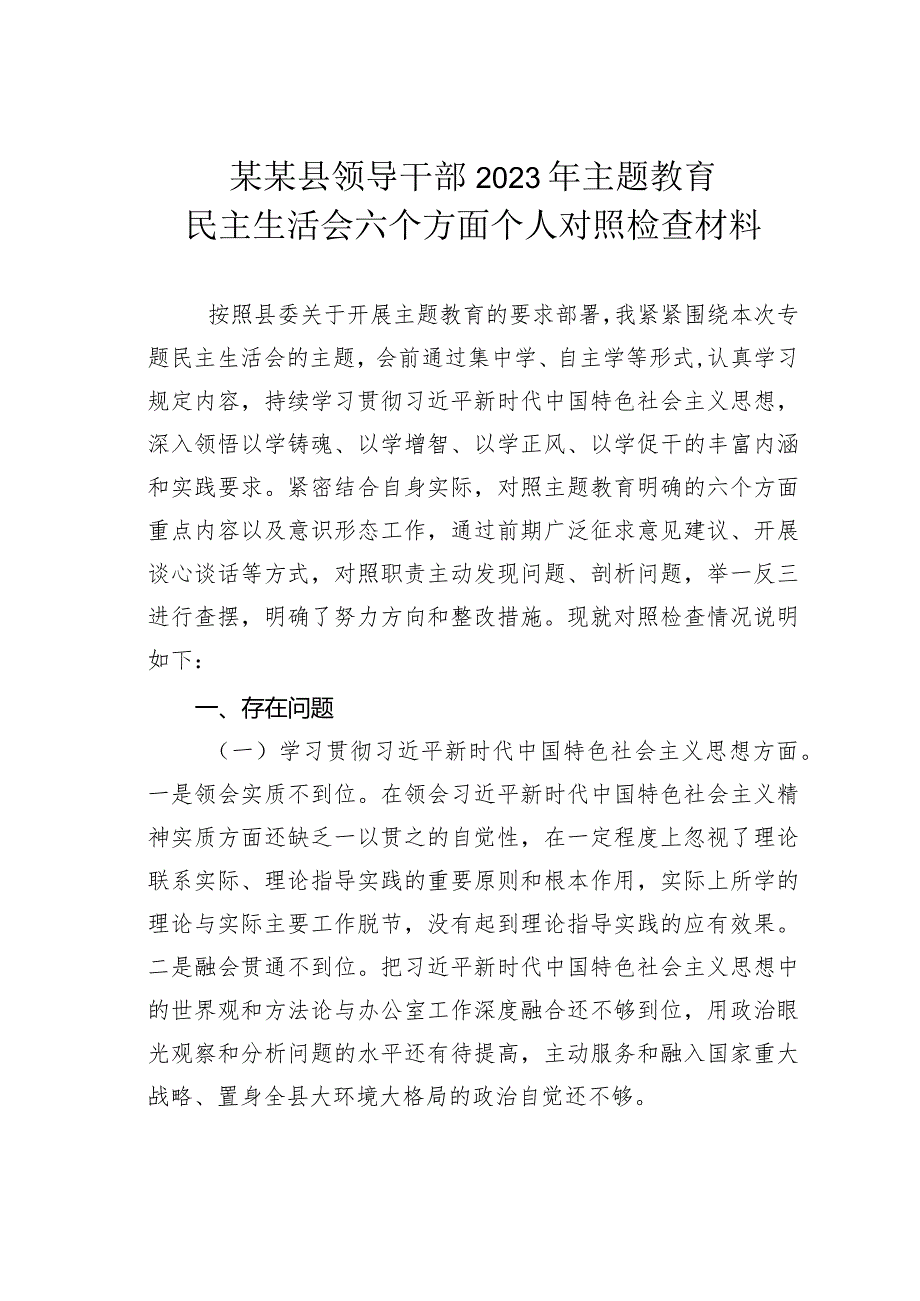 某某县领导干部2023年主题教育民主生活会六个方面个人对照检查材料.docx_第1页