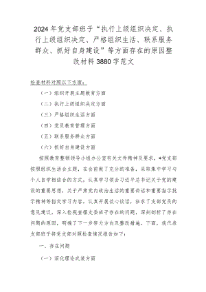 2024年党支部班子“执行上级组织决定、执行上级组织决定、严格组织生活、联系服务群众、抓好自身建设”等方面存在的原因整改材料3880字范文.docx