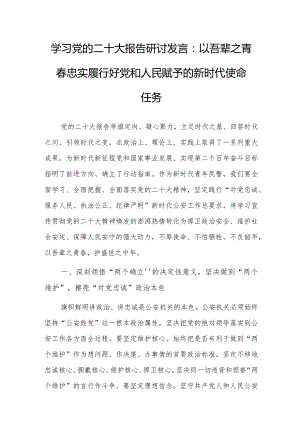 学习党的二十大报告研讨发言：以吾辈之青春 忠实履行好党和人民赋予的新时代使命任务.docx