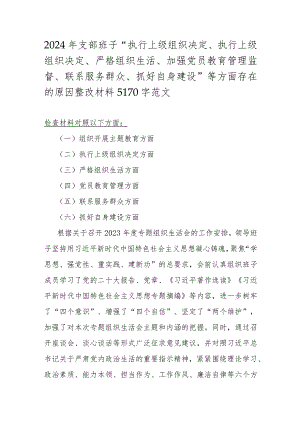 2024年支部班子“执行上级组织决定、执行上级组织决定、严格组织生活、加强党员教育管理监督、联系服务群众、抓好自身建设”等方面存在的.docx