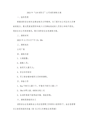 2023年“119消防日”公司消防演练方案.docx