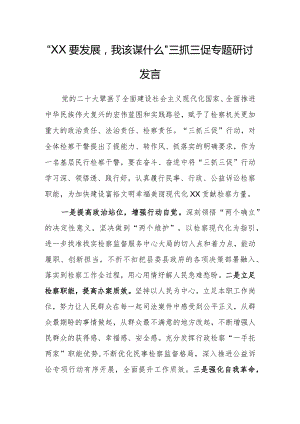 “XX要发展我该谋什么”三抓三促专题研讨发言（检察干警）.docx