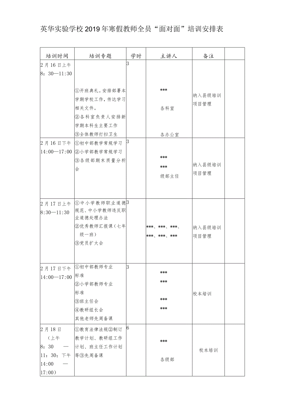 英华实验学校2019年寒假教师全员“面对面”培训安排表.docx_第1页