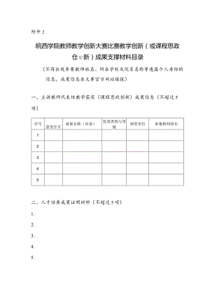 附件2：皖西学院教师教学创新大赛比赛教学创新（或课程思政创新）成果支撑材料目录.docx