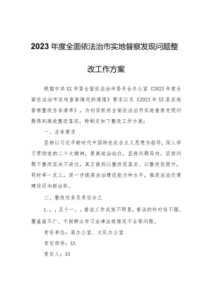 关于切实做好2023年度全面依法治市实地督察发现问题整改工作方案.docx
