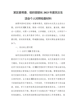 某区委常委、组织部部长2023年度民主生活会个人对照检查材料.docx
